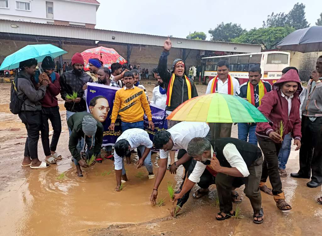 ಗ್ರಾಮೀಣ ಬಸ್‌ನಿಲ್ದಾಣದಲ್ಲಿ ಸಸಿನೆಟ್ಟು ಪ್ರತಿಭಟನೆ